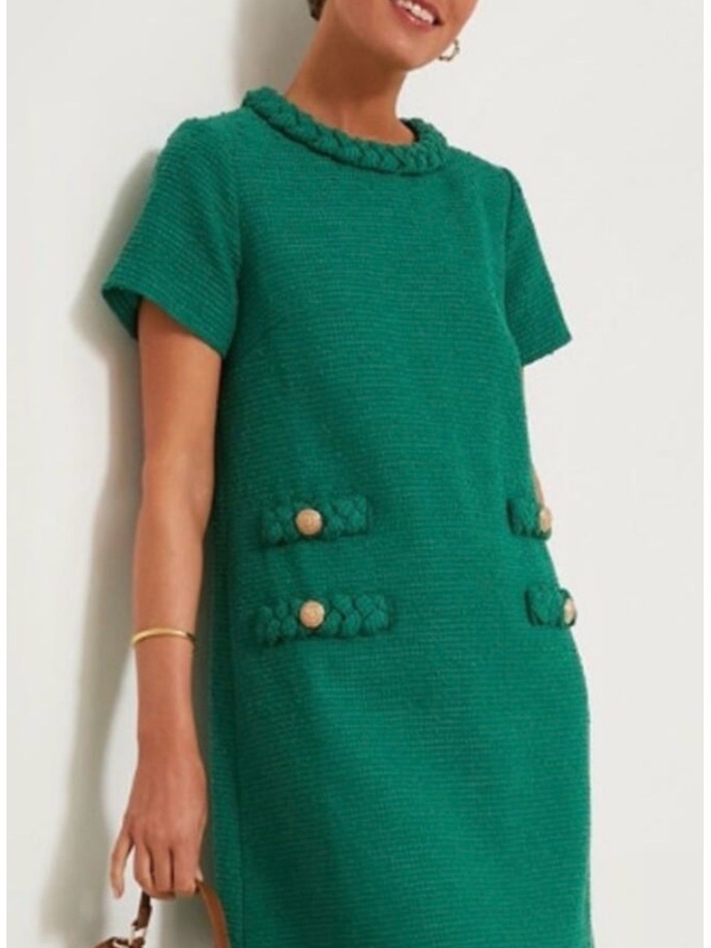 The Jackie:  Textured Emerald Knit Shift Dress with Braided Trim